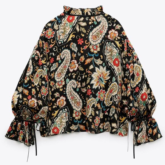 NEW Zara Multicolored Paisley Print High Collar Bow Ruffle Long Sleeves Blouse L - Picture 7 of 10
